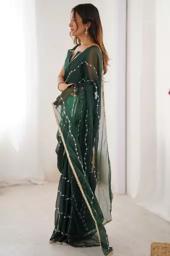Green color beads work celebrity style saree with blouse
