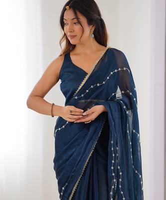 Blue color beads work celebrity style saree with blouse 5