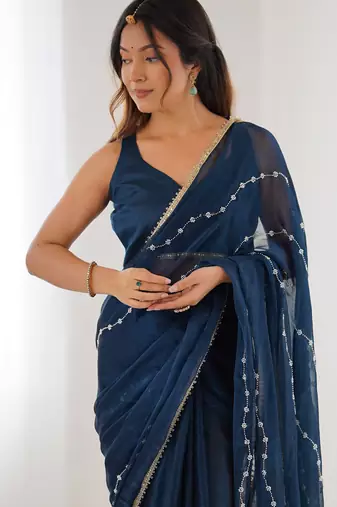 Blue color beads work celebrity style saree with blouse