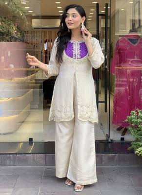 purple silk embroidered kurti palazzo 1