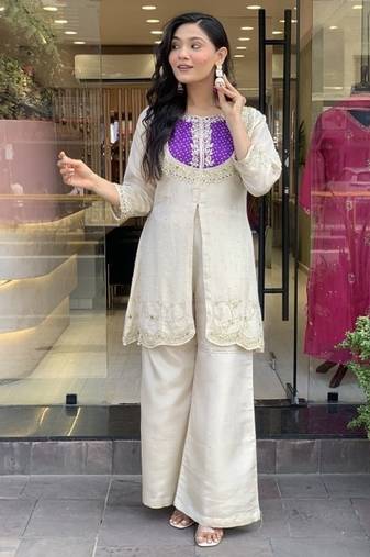 Purple silk embroidered Kurti Palazzo