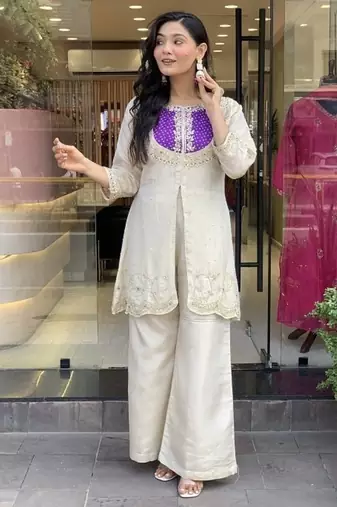 Purple silk embroidered Kurti Palazzo