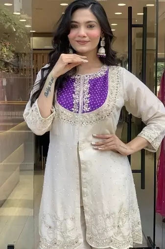 purple silk embroidered kurti palazzo