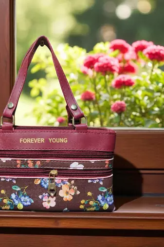 Forever Young Maroon Floral Print Women’s Handbag – Stylish PU Leather Shoulder Bag with Dual Zippers