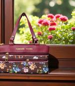 Forever Young Maroon Floral Print Women’s Handbag – Stylish PU Leather Shoulder Bag with Dual Zippers