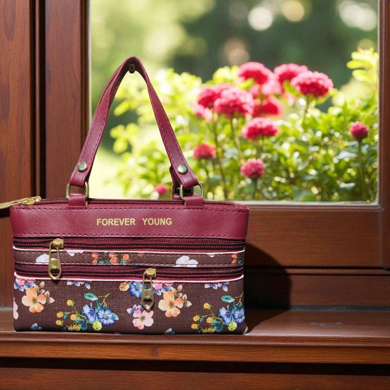 Forever Young Maroon Floral Print Women’s Handbag – Stylish PU Leather Shoulder Bag with Dual Zippers