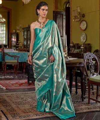 Teal Blue Handwoven Silk Blend Saree | Party & Festival Wear 1