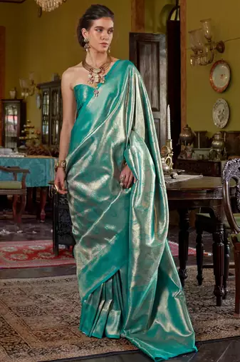 Teal Blue Handwoven Silk Blend Saree | Party & Festival Wear