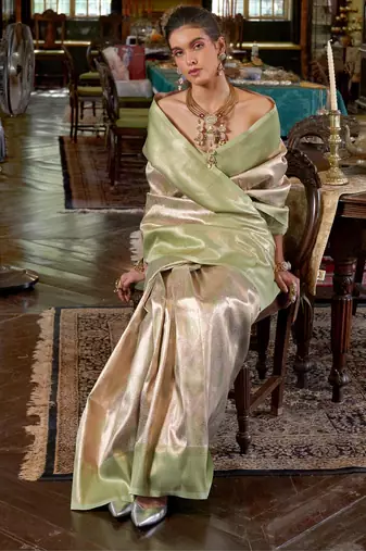Pista Green Handwoven silk blend Saree | Stylish Occasion Wear
