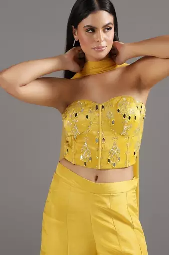 Yellow embroidered net Co Ord Set
