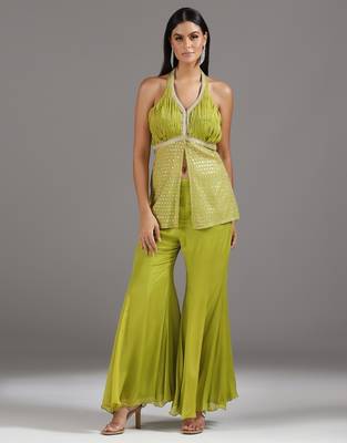 Green embroidered georgette co ord set 1