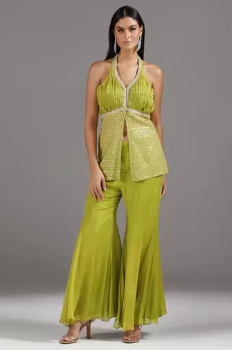 Green embroidered georgette co ord set