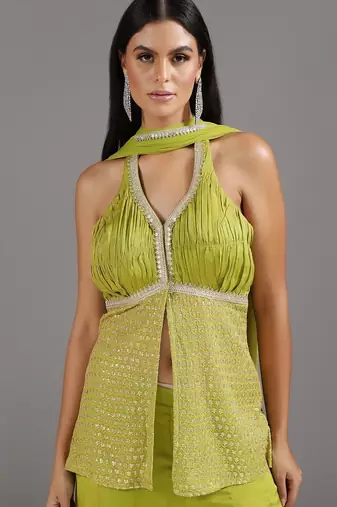 Green embroidered georgette co ord set