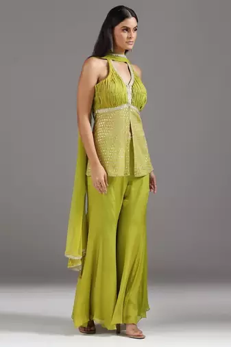 Green embroidered georgette co ord set