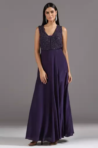 Purple embroidered crepe anarkali