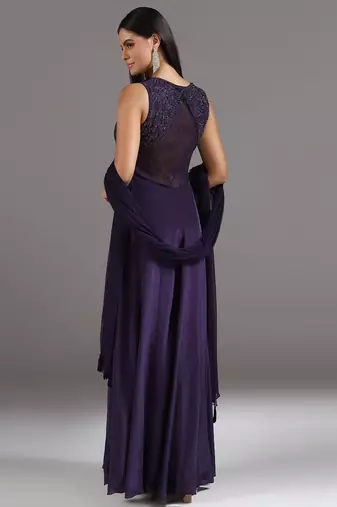 Purple embroidered crepe anarkali