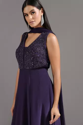 Purple embroidered crepe anarkali