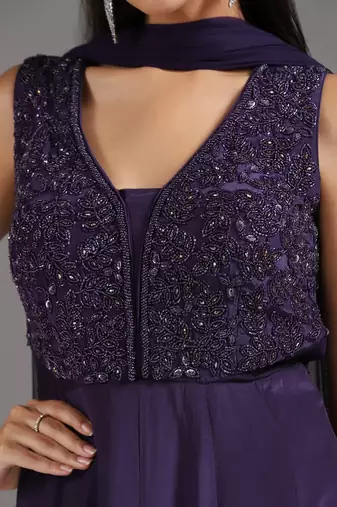 Purple embroidered crepe anarkali