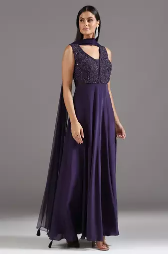Purple embroidered crepe anarkali