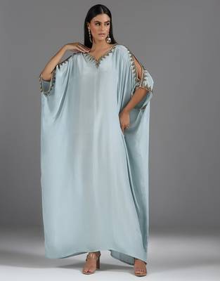 Blue embroidered crepe kaftan 1