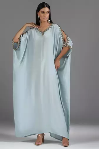 Blue embroidered crepe kaftan