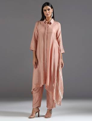 Peach plain silk kurta set 1