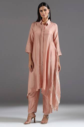 Peach plain silk kurta set