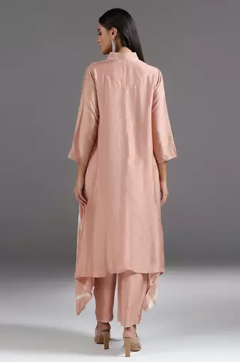 Peach plain silk kurta set