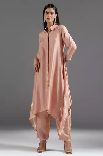 Peach plain silk kurta set