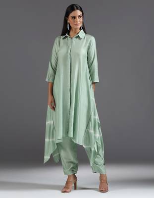 Green plain silk kurta set 1