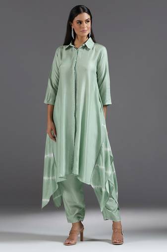 Green plain silk kurta set