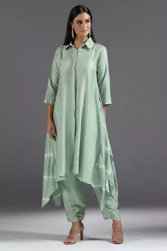 Green plain silk kurta set