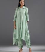 Green plain silk kurta set