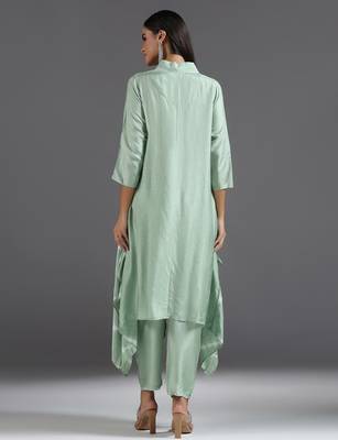 Green plain silk kurta set 3