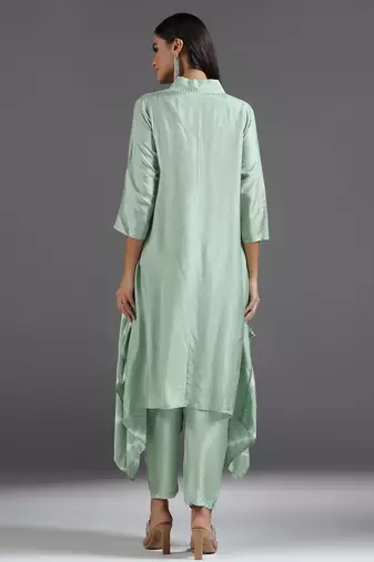 Green plain silk kurta set