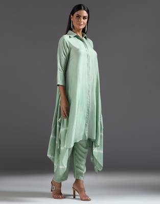 Green plain silk kurta set 4