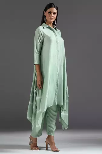 Green plain silk kurta set