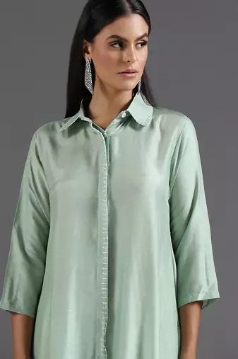 Green plain silk kurta set