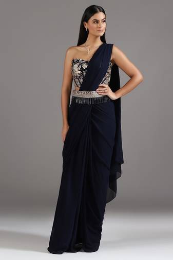 Blue plain georgette saree with embroidered blouse & belt