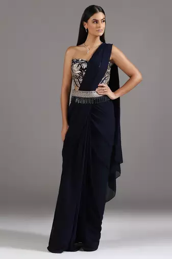 Blue plain georgette saree with embroidered blouse & belt