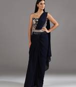 Blue plain georgette saree with embroidered blouse & belt
