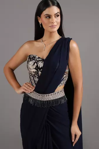 Blue plain georgette saree with embroidered blouse & belt
