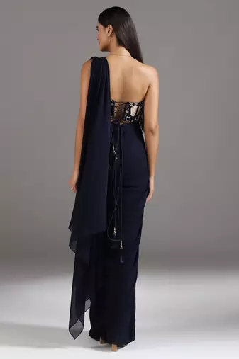Blue plain georgette saree with embroidered blouse & belt
