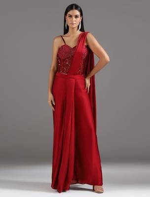 Red plain georgette saree with embroidered blouse 1