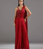 Red plain georgette saree with embroidered blouse