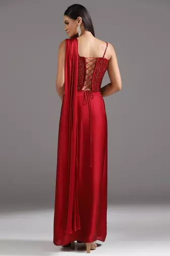 Red plain georgette saree with embroidered blouse