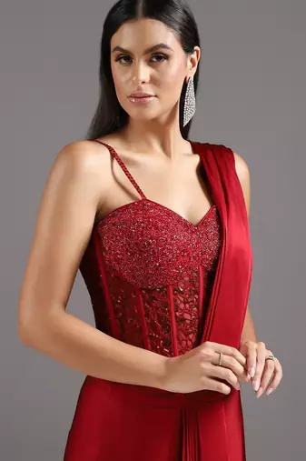 Red plain georgette saree with embroidered blouse