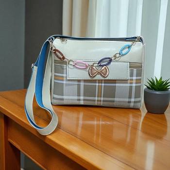 Trendy Checkered Sling Bag with Bow Charm & Multicolor Chain | Stylish Women’s Crossbody Bag 1