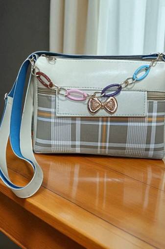 Trendy Checkered Sling Bag with Bow Charm & Multicolor Chain | Stylish Women’s Crossbody Bag