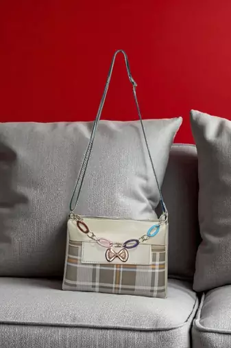 Trendy Checkered Sling Bag with Bow Charm & Multicolor Chain | Stylish Women’s Crossbody Bag